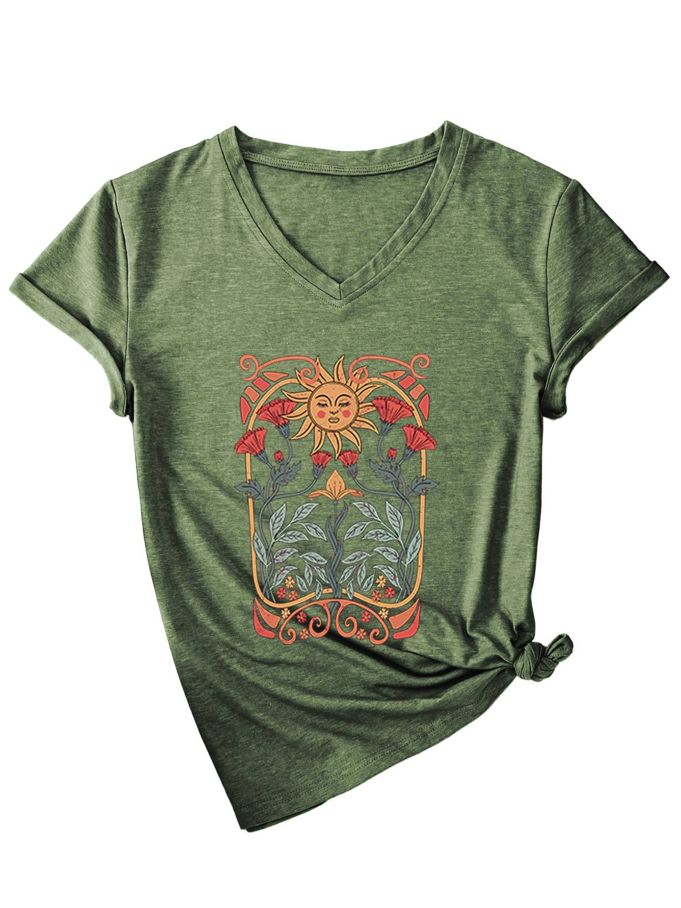Floral sun print V-neck short-sleeved T-shirt