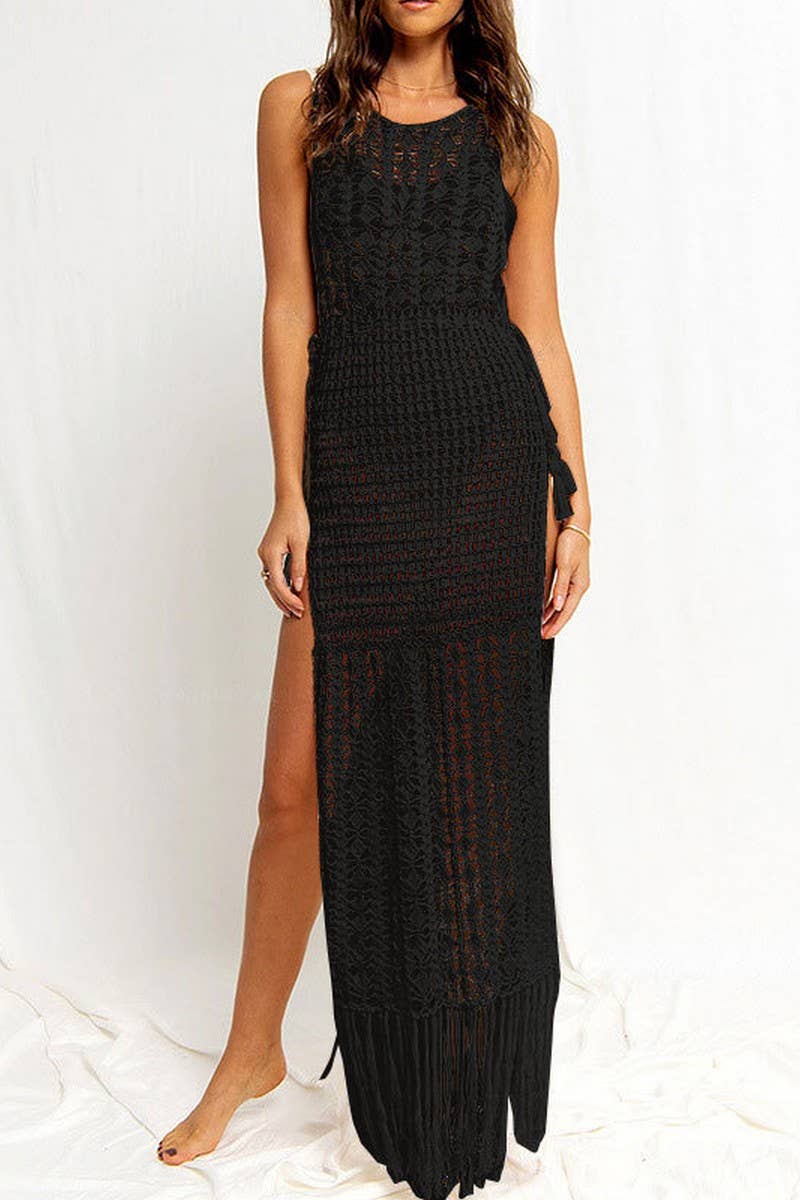 CWDMD4772_HOLLOW TASSEL BIKINI KNITTED BEACH COVERUP