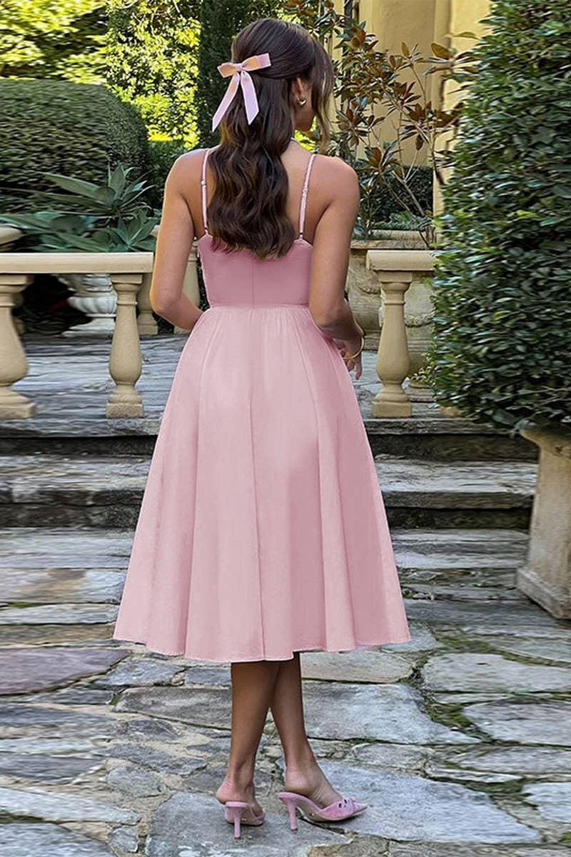 CWDMD5068_SPRING V-NECK SOLID COLOR WAIST SUSPENDER DRESS