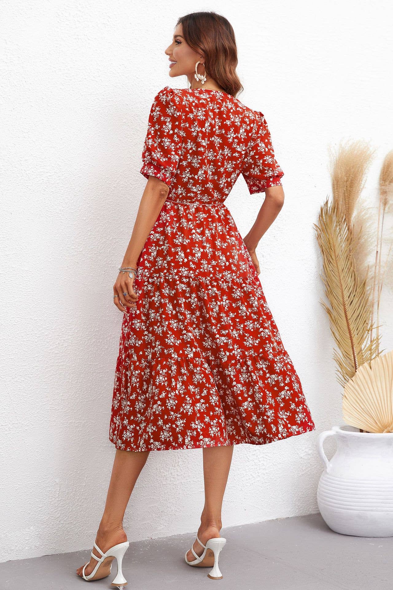 FLORAL PRINT LONG DRESS WITH LAPEL STRAP WAIST