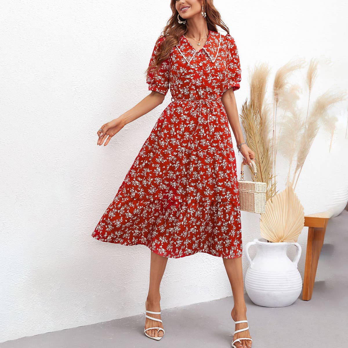 FLORAL PRINT LONG DRESS WITH LAPEL STRAP WAIST
