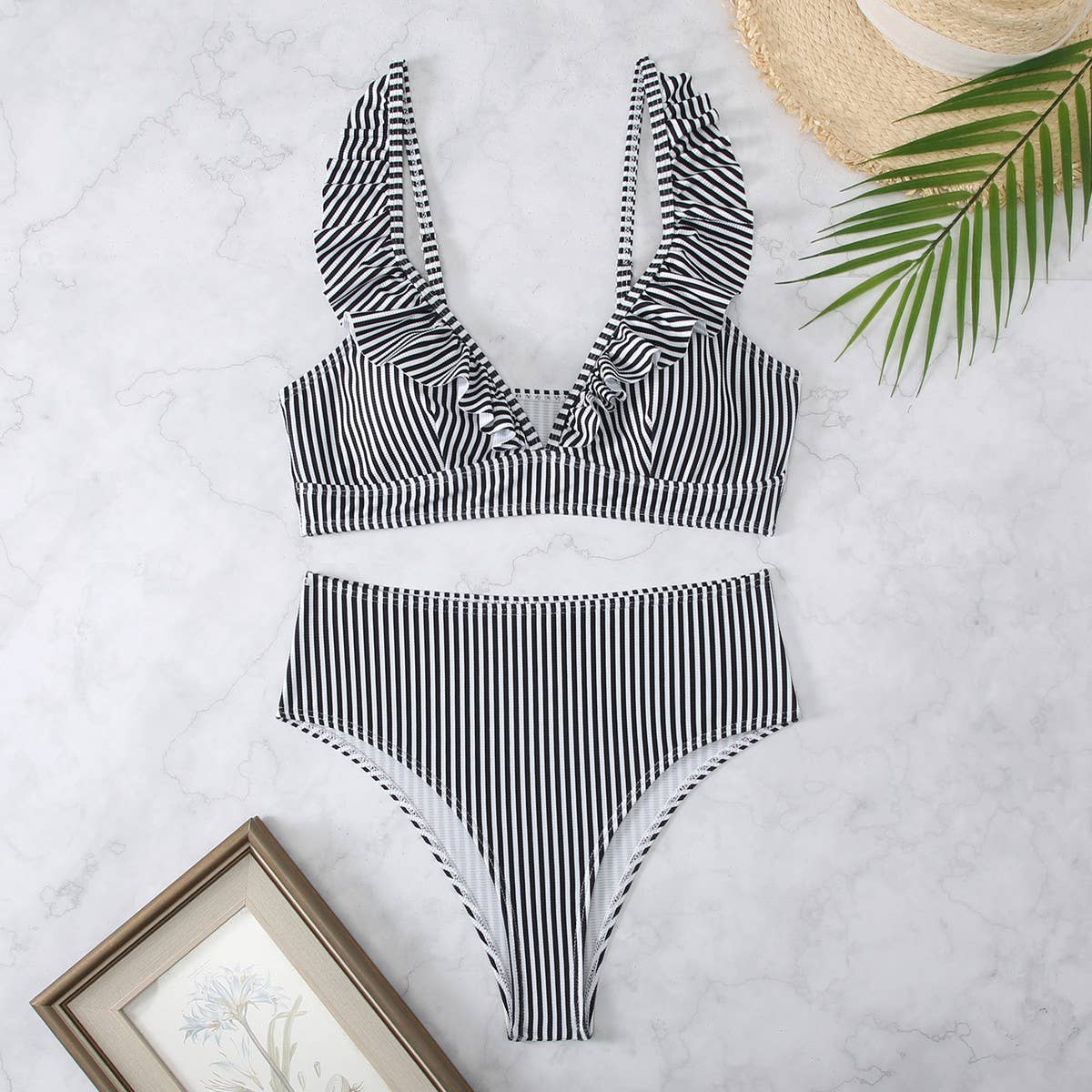 High-Waisted V-Neck Ruffled Bikini Swimsuit