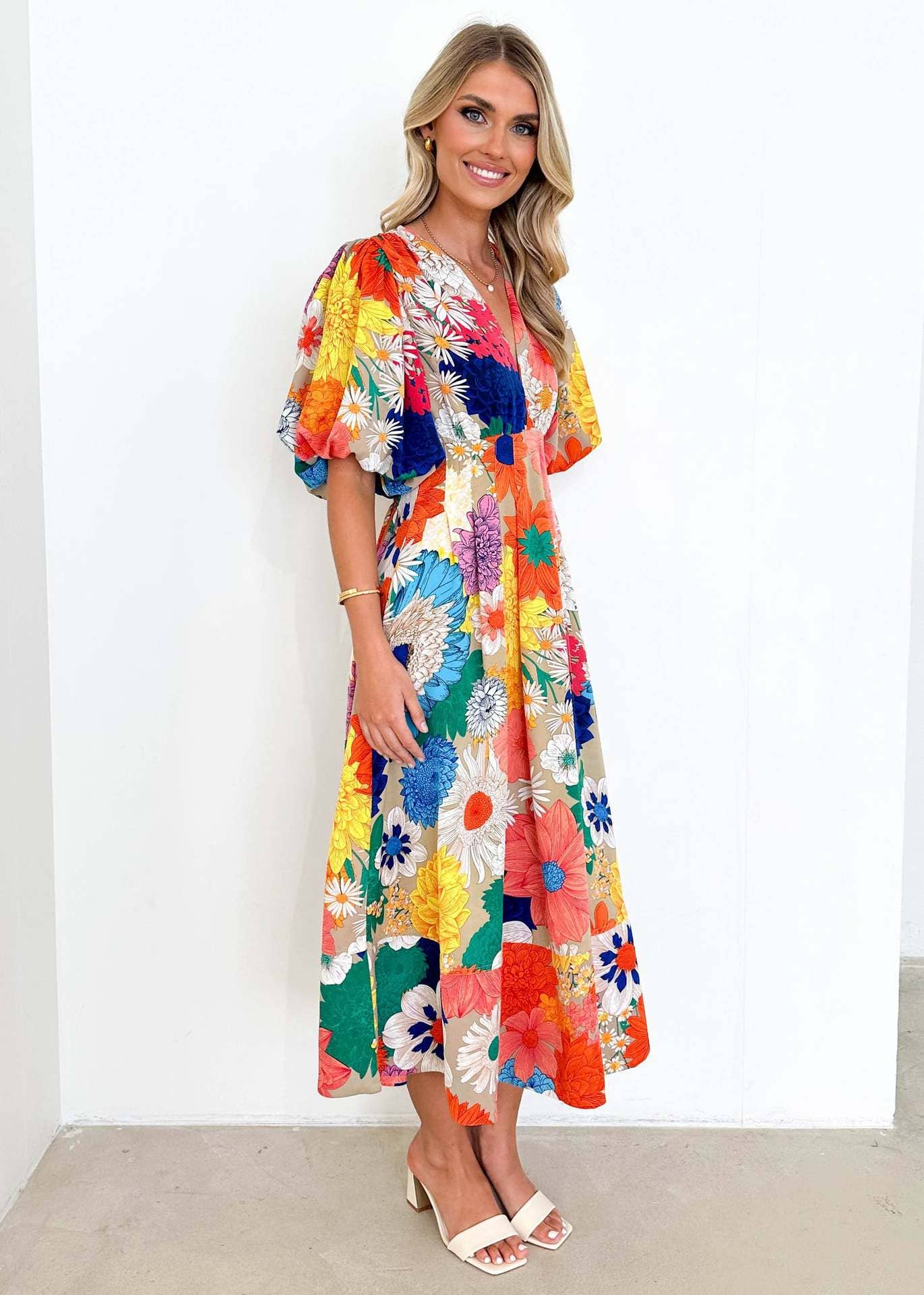 Floral printe puffed sleeve A-line elegant dress