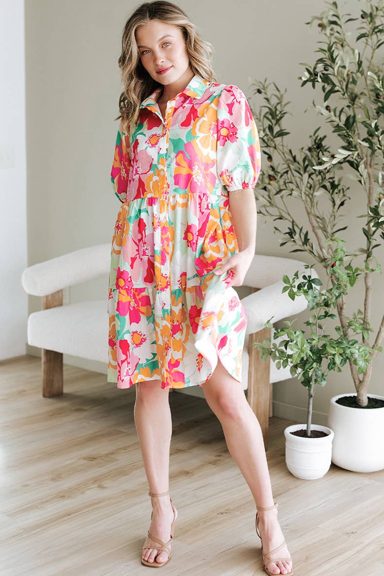 Floral printed puffed-sleeve loose short dress