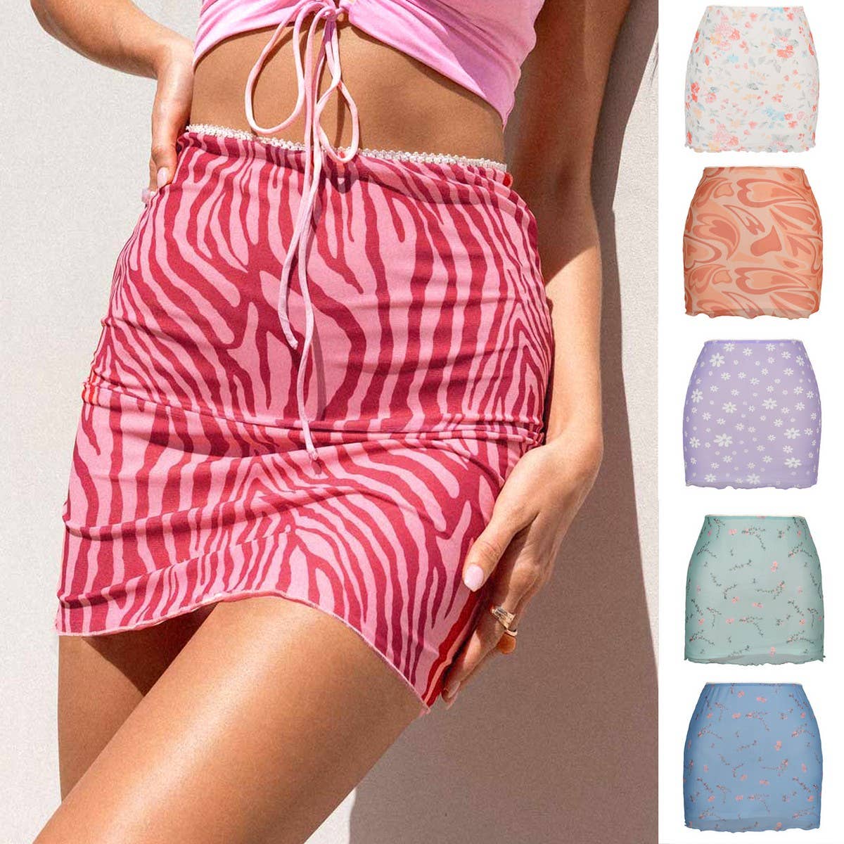 PRINTED MESH SKIRT DOUBLE LAYER SLIM HIP SKIRT_CWAB4794