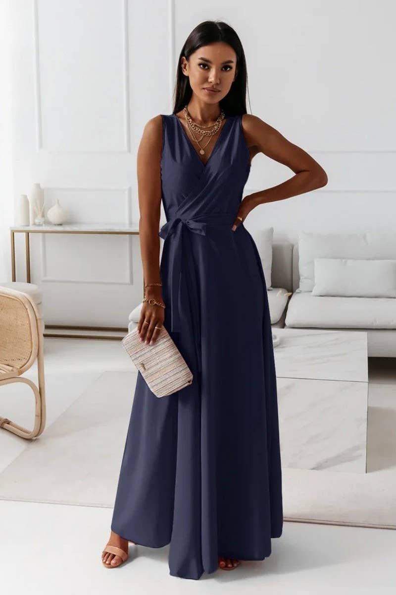 CWDMD4861_LACE-UP V-NECK EVENING GOWN LONG DRESS