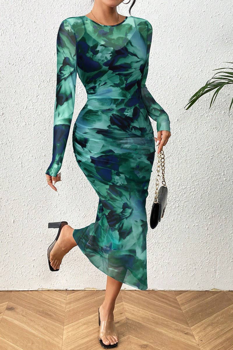 CWDMD4881_TIE-DYE PLEATED ROUND NECK LONG SLEEVE DRESS