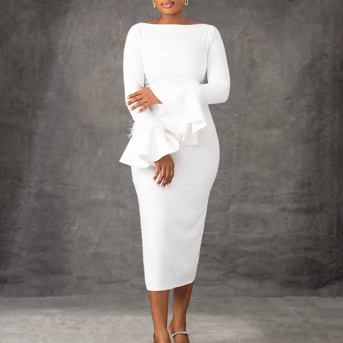 FASHION SOLID COLOR HIPWRAPPED FLARED SLEEVE DRESS_CWDMD3663
