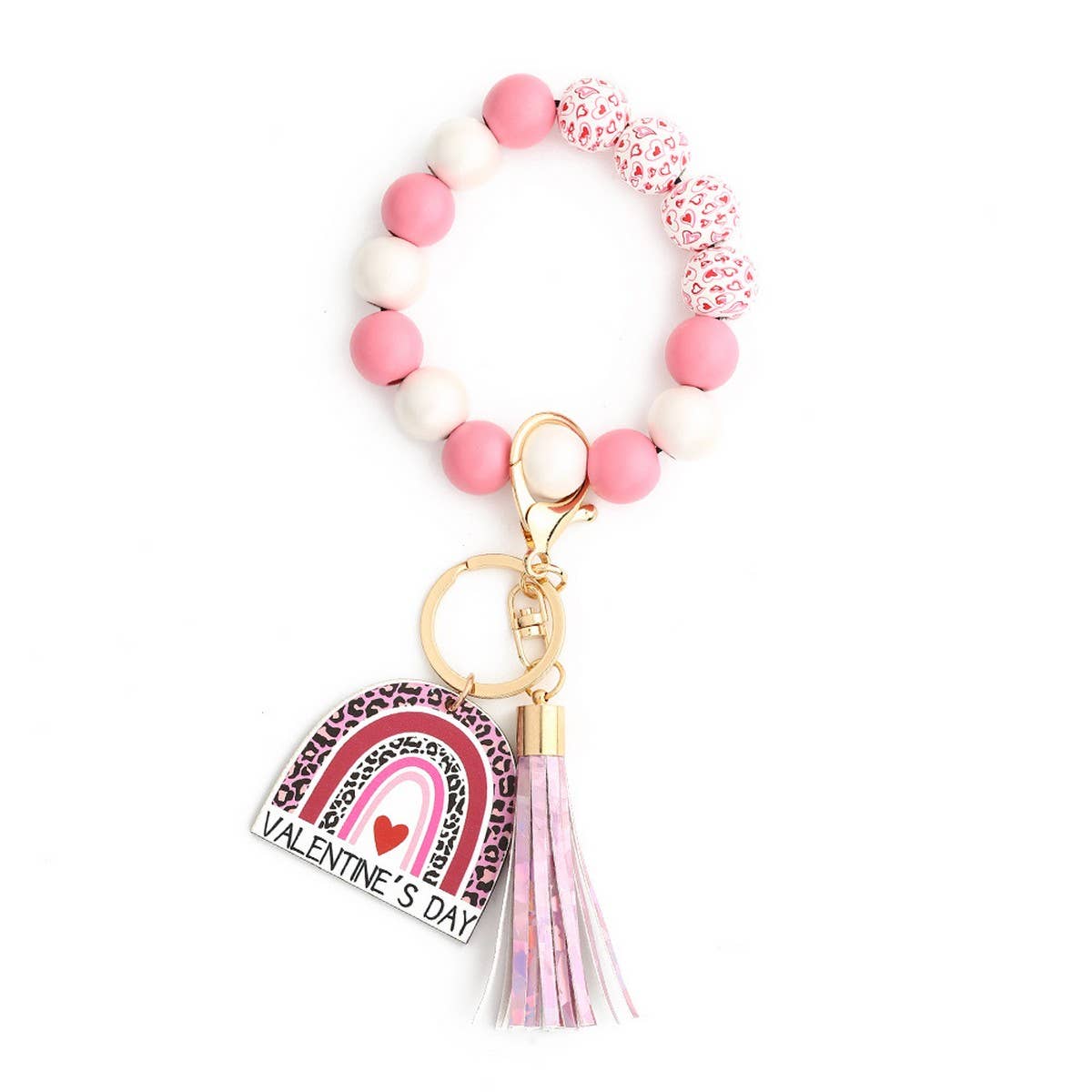 Heart Wooden Bead Bracelet Keychain Pendant