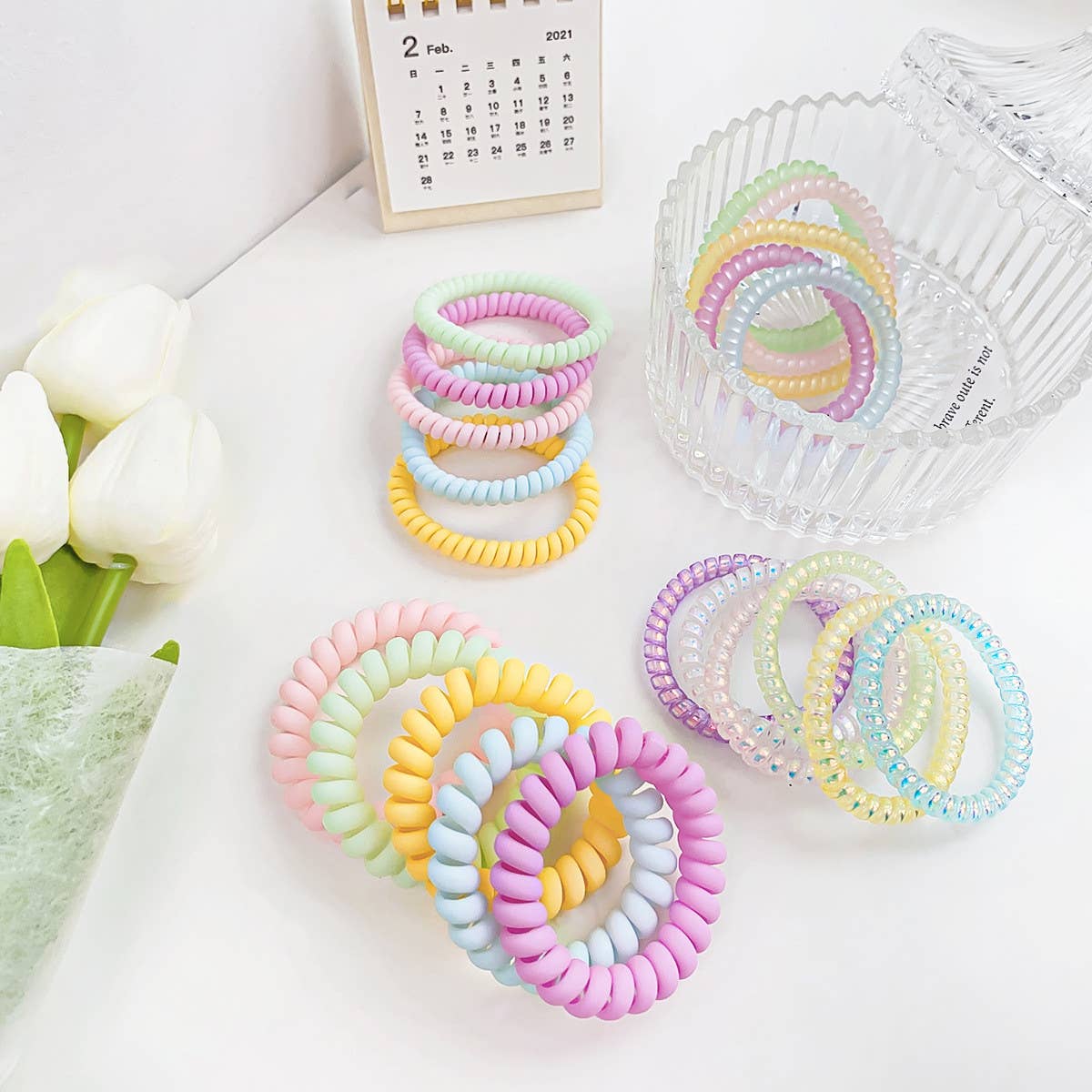 SYMPHONY CREAM TELEPHONE WIRE HAIR TIES 5-PACK_CWAHA1095