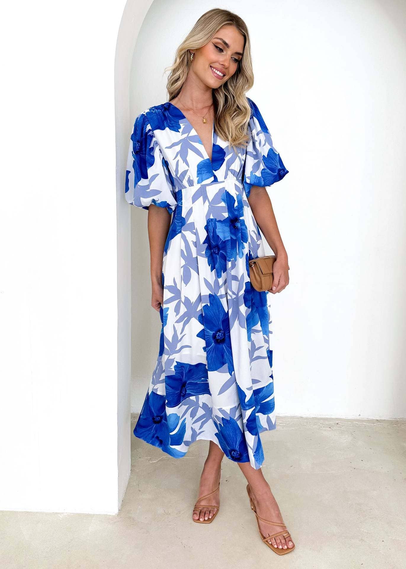 Floral printe puffed sleeve A-line elegant dress