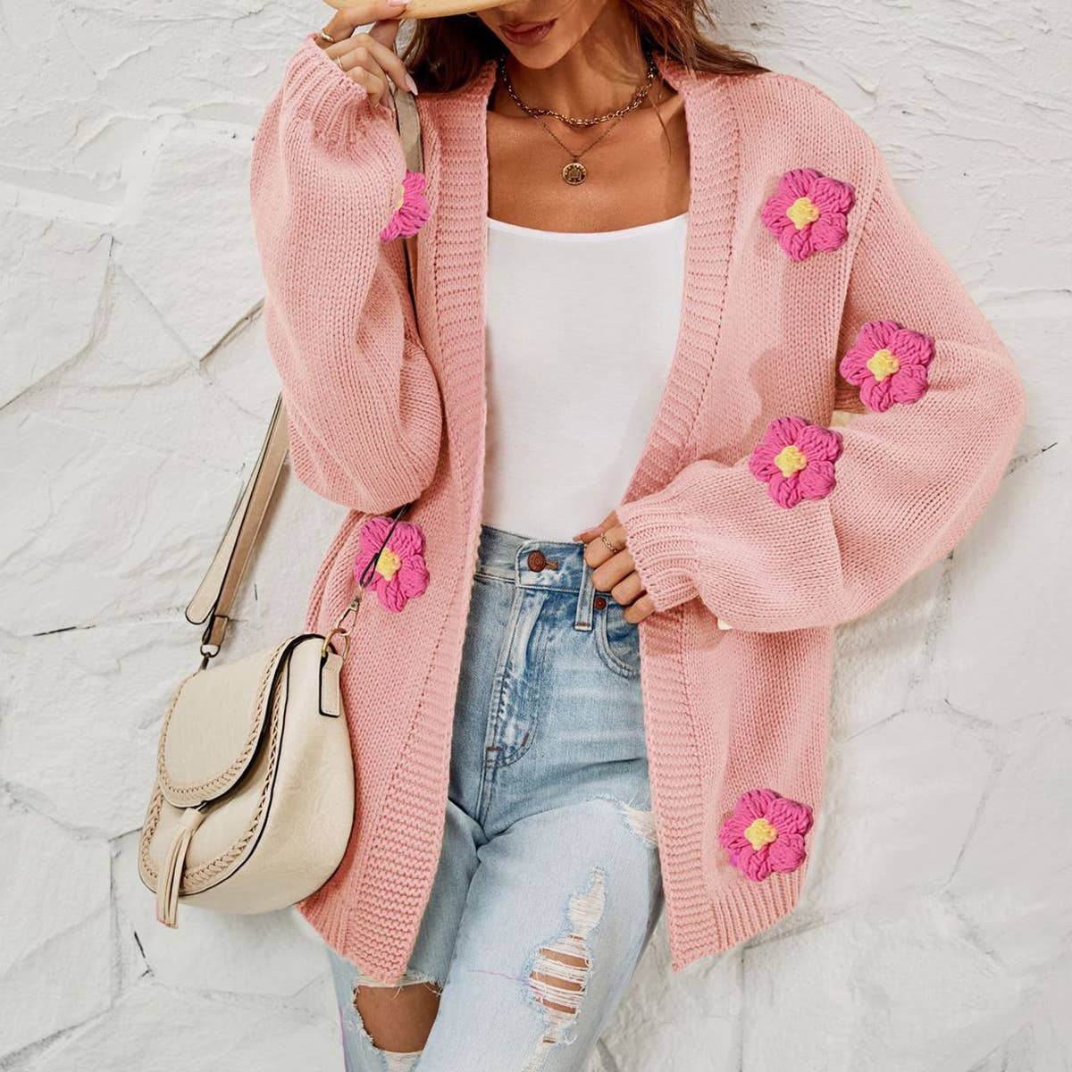 Flower cardigan lantern sleeve sweater coat