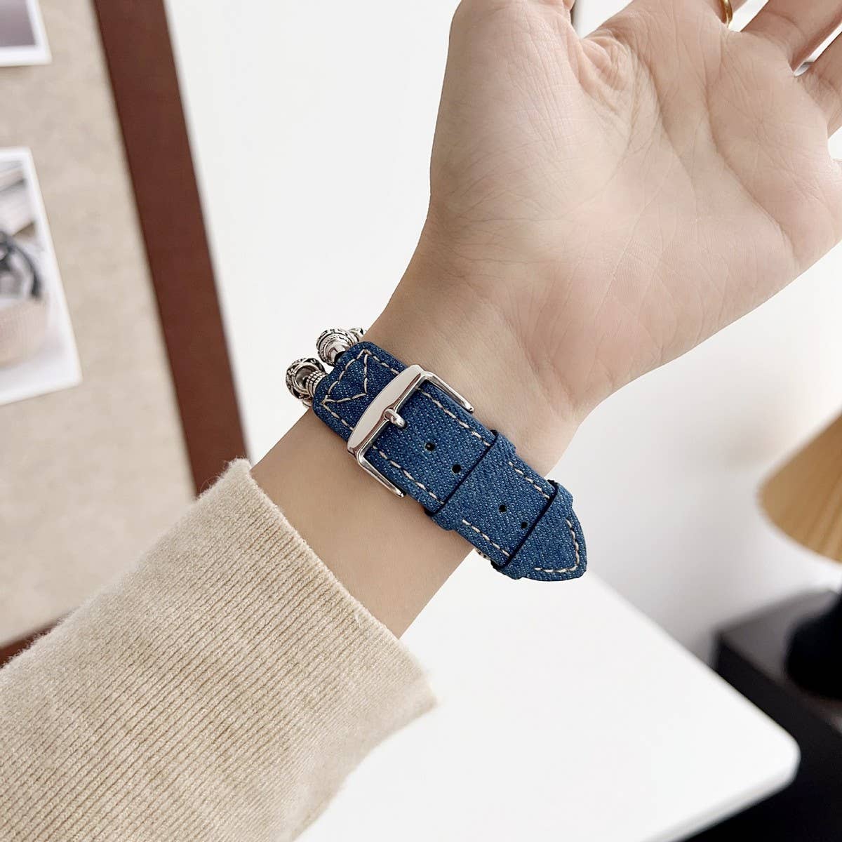 IWATCH9-1 TIBETAN SILVER DENIM LEATHER STRAP