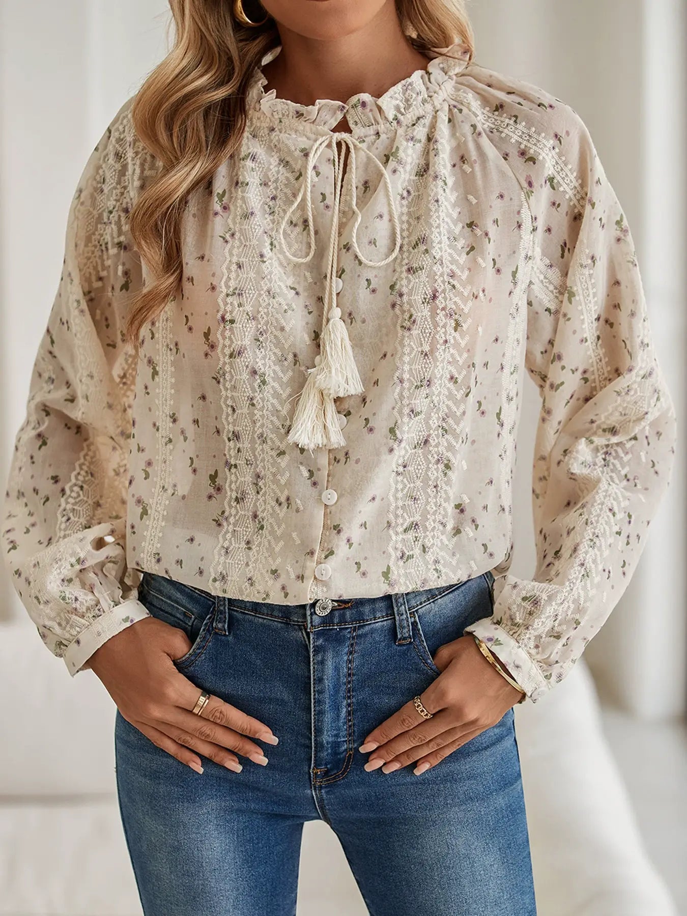 FLORAL PRINT CHIFFON EMBROIDERY FRINGE SHIRT