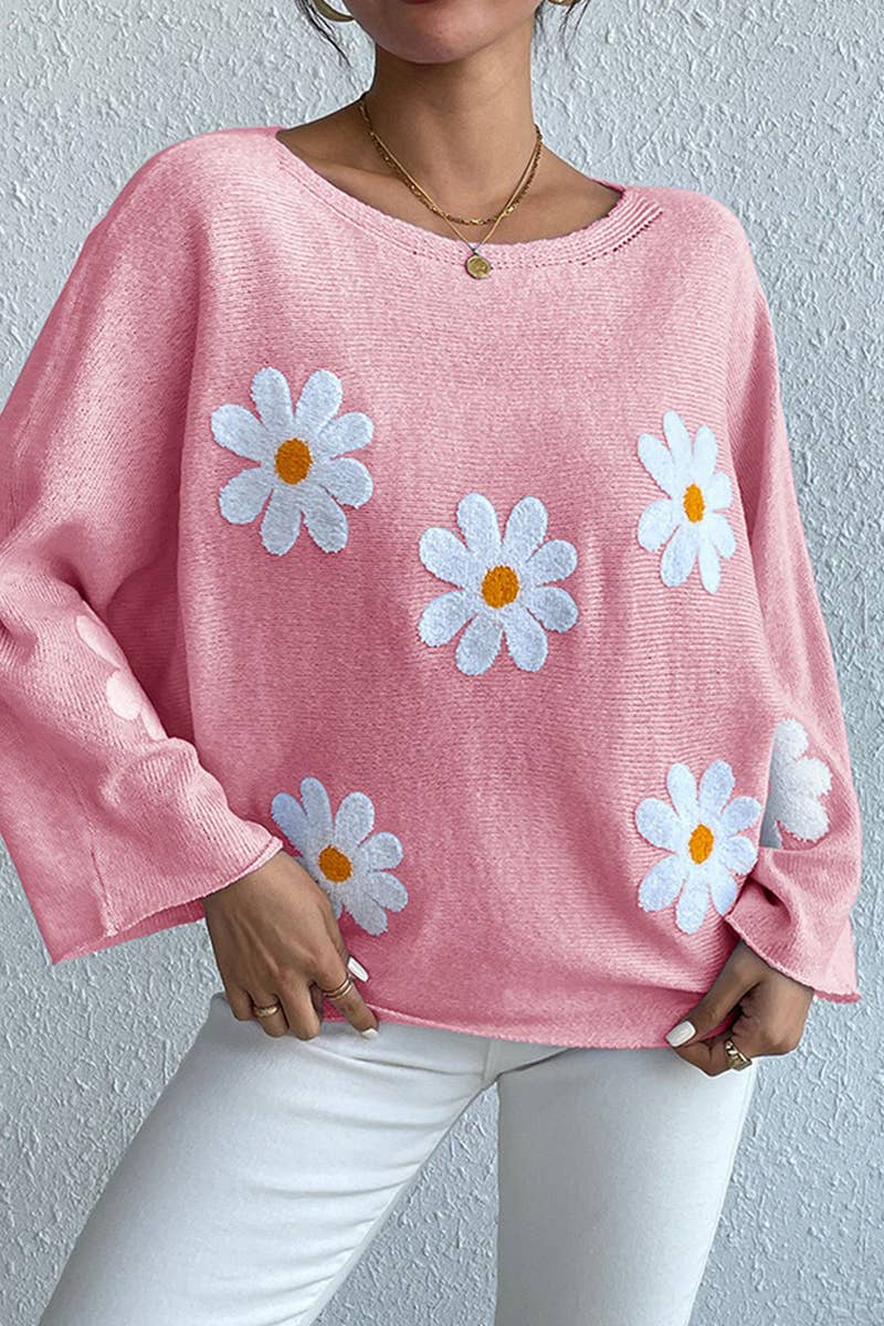 Floral embroidery loose crew neck pullover sweater