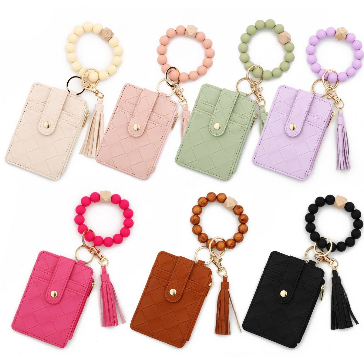 Plaid PU Card Wallet with Silicone Bead Keychain_CWAB4970