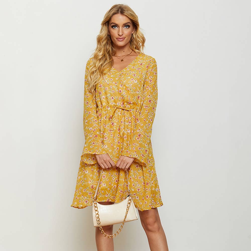 FLORAL LONG-SLEEVED V-NECK BOHO DRESS
