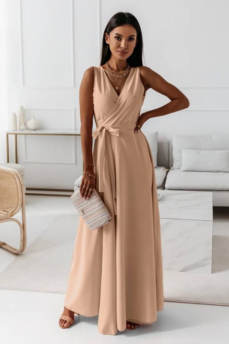 CWDMD4861_LACE-UP V-NECK EVENING GOWN LONG DRESS