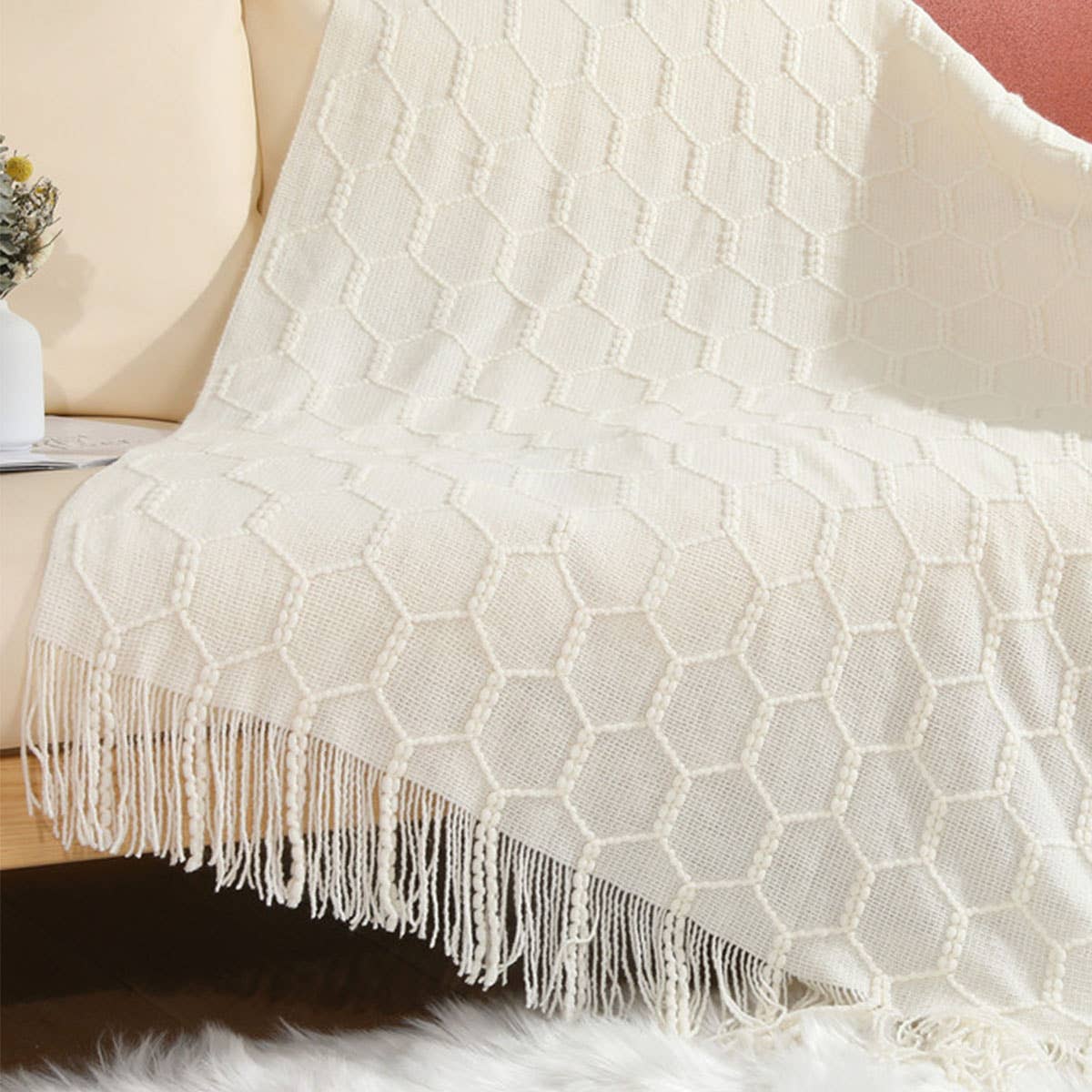 KNITTED SIMPLE THIN TASSEL SOFA BLANKET