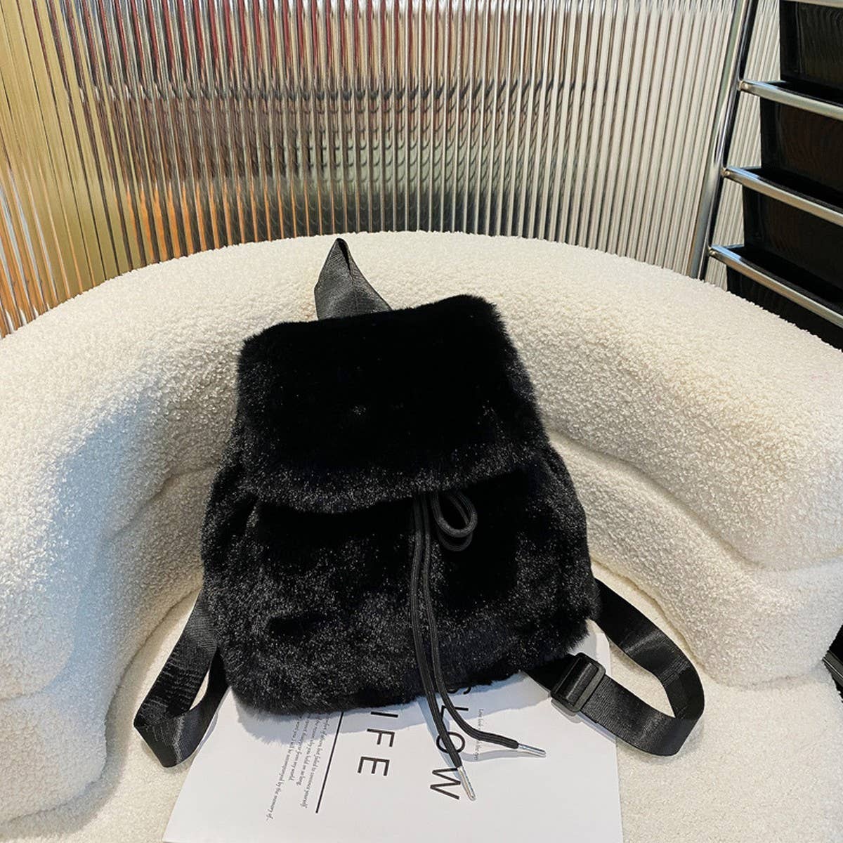 Fluffy Faux Fur Backpack Fashion Drawstring Bag_CUAB00606
