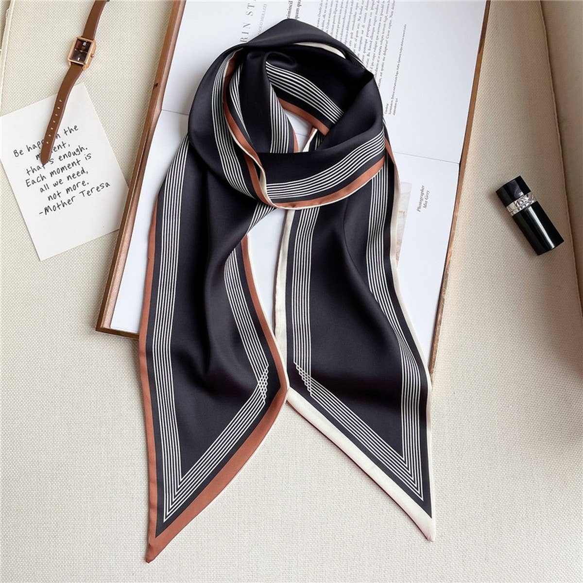THIN SIMPLE GEOMETRIC LONG SILK HEAD SCARF