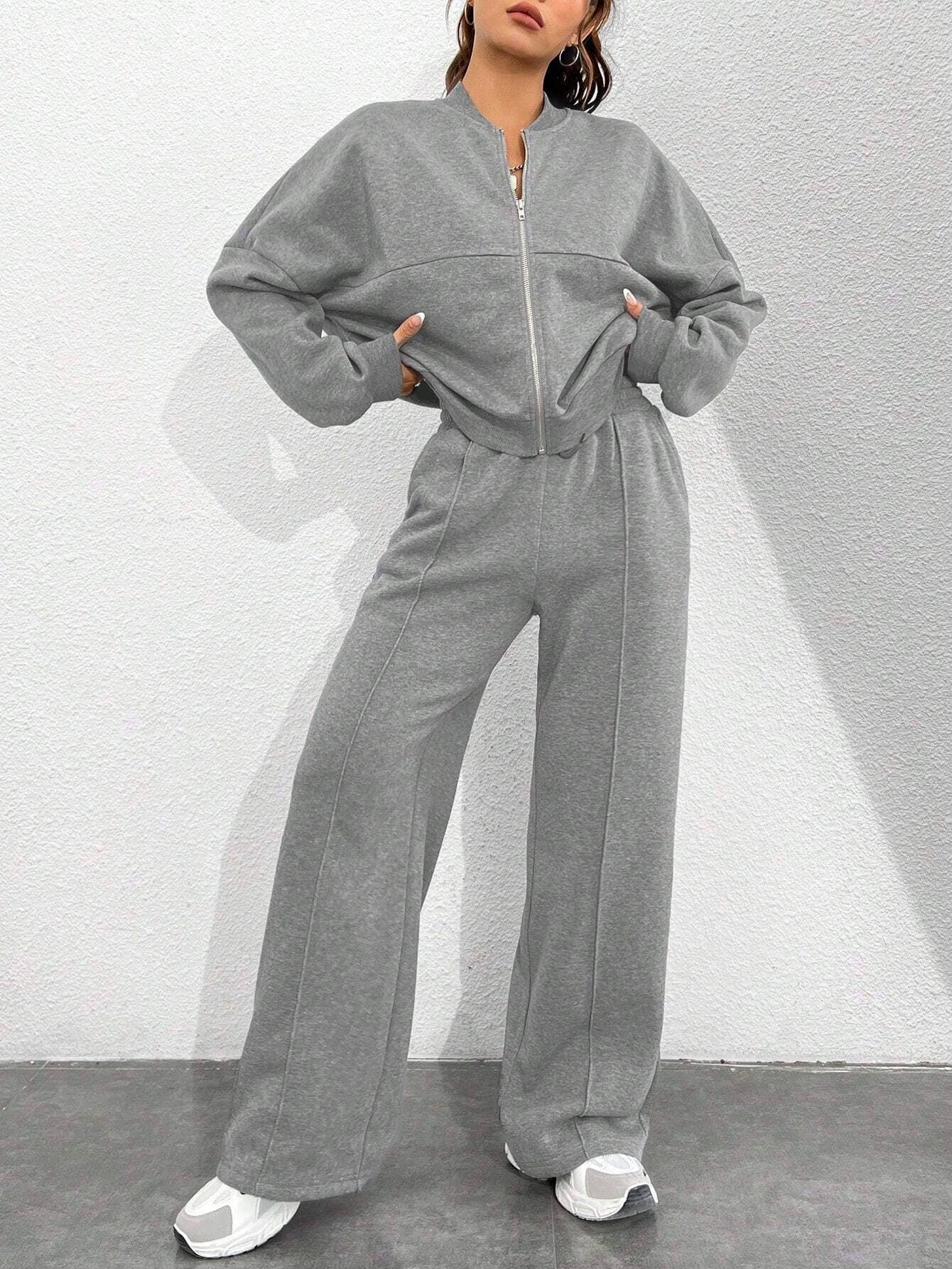 Zipper cardigan straight-leg sport pants set