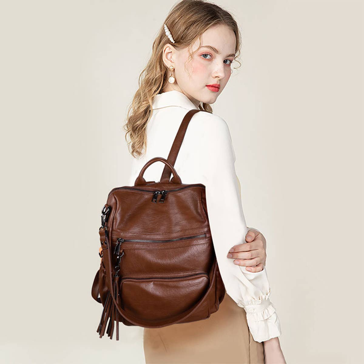TASSEL DETAIL PU LEATHER BACKPACK SHOULDER BAG_CWAB0778