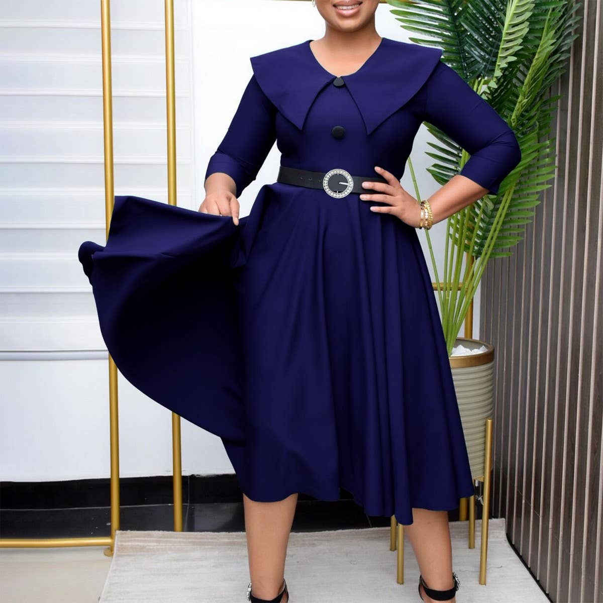 SOLID COLOR FASHIONABLE A-LINE PLUS SIZE DRESS_CWDMD3670