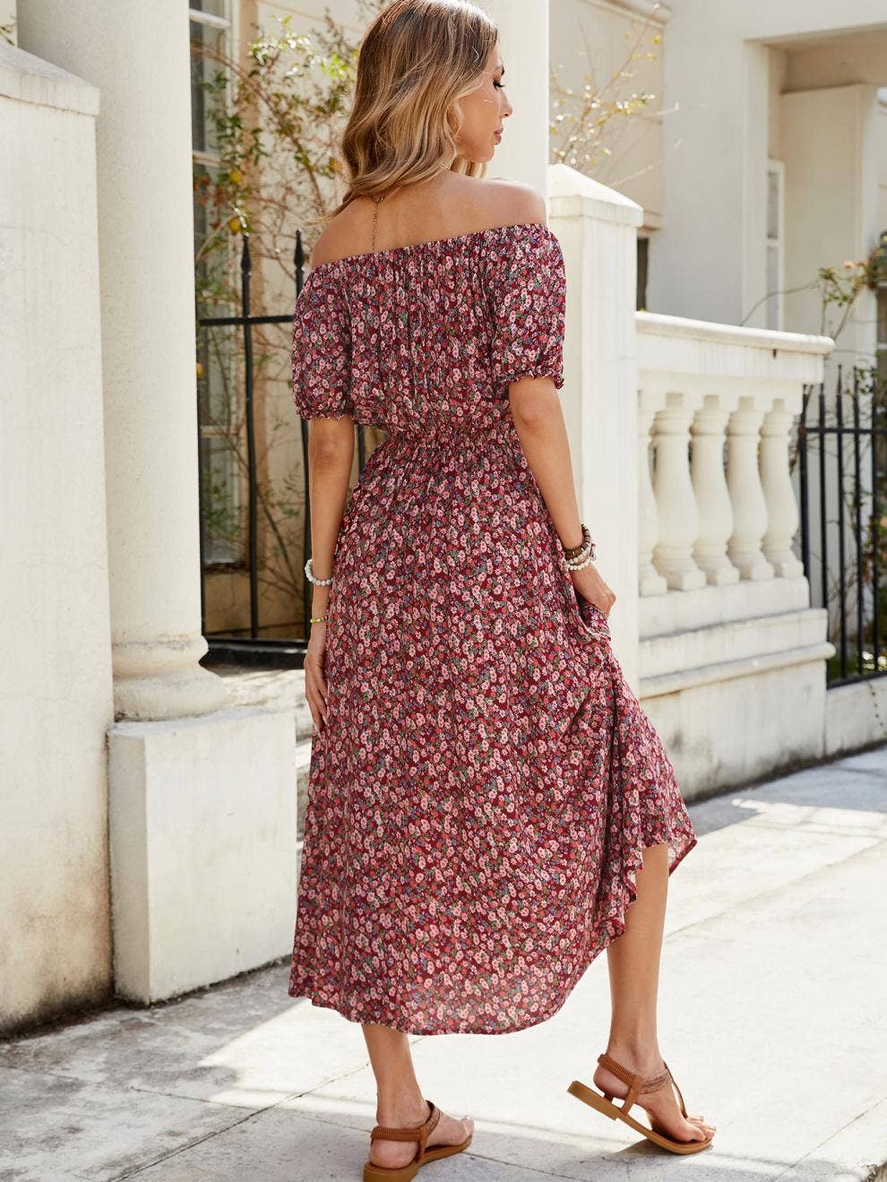 Floral one-line shoulder short sleeve long dress