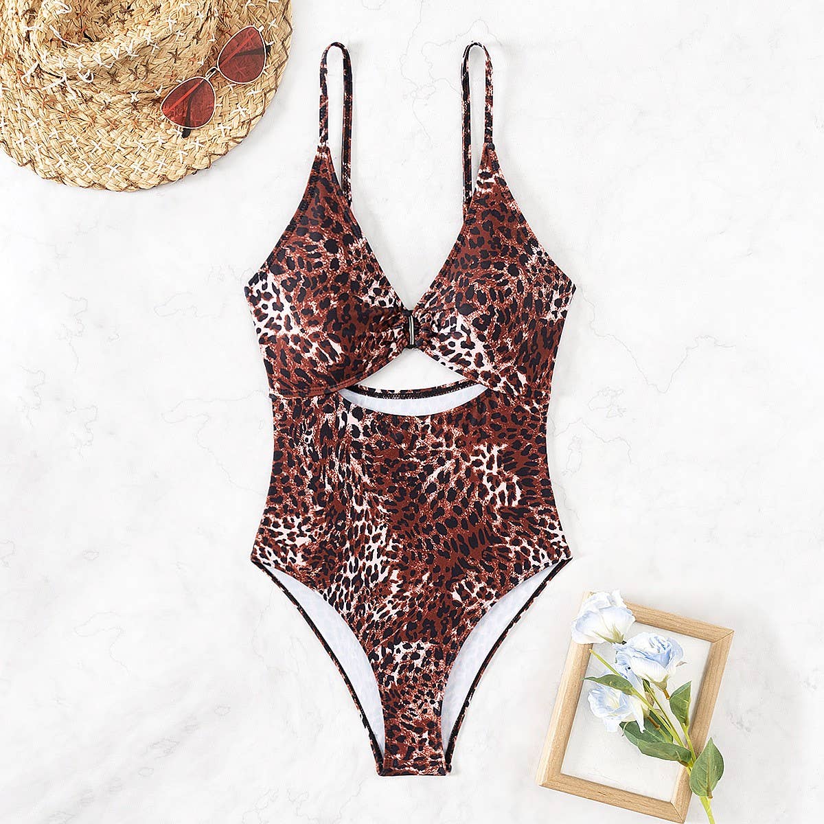 LEOPARD PRINT SLIM CUT-OUT BIKINI SWIMSUIT