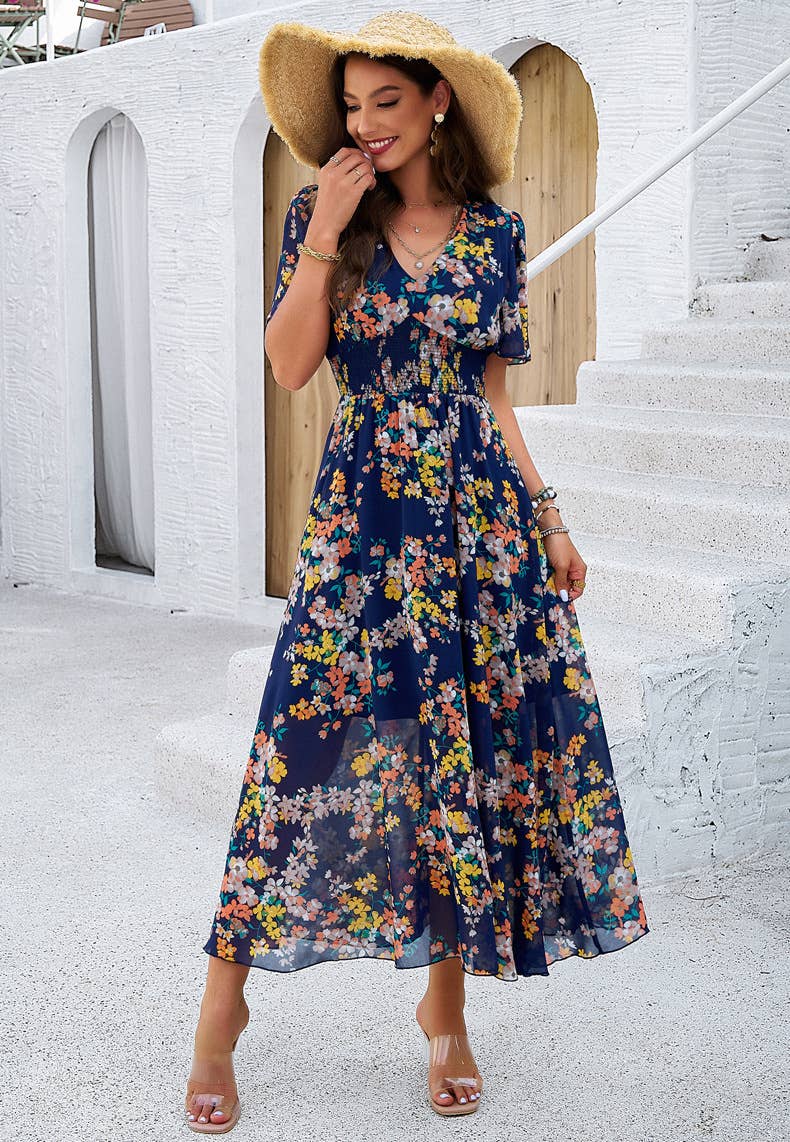 Floral V-Neck Waist-Tie A-Line Maxi Dress