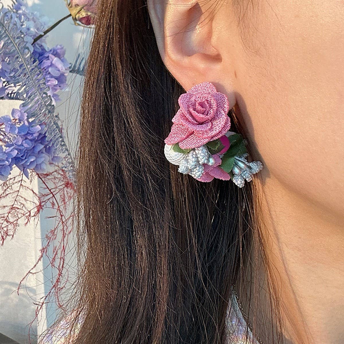 Pearl Fabric Flower Stud Earrings ??Unique Design_CWMM6256