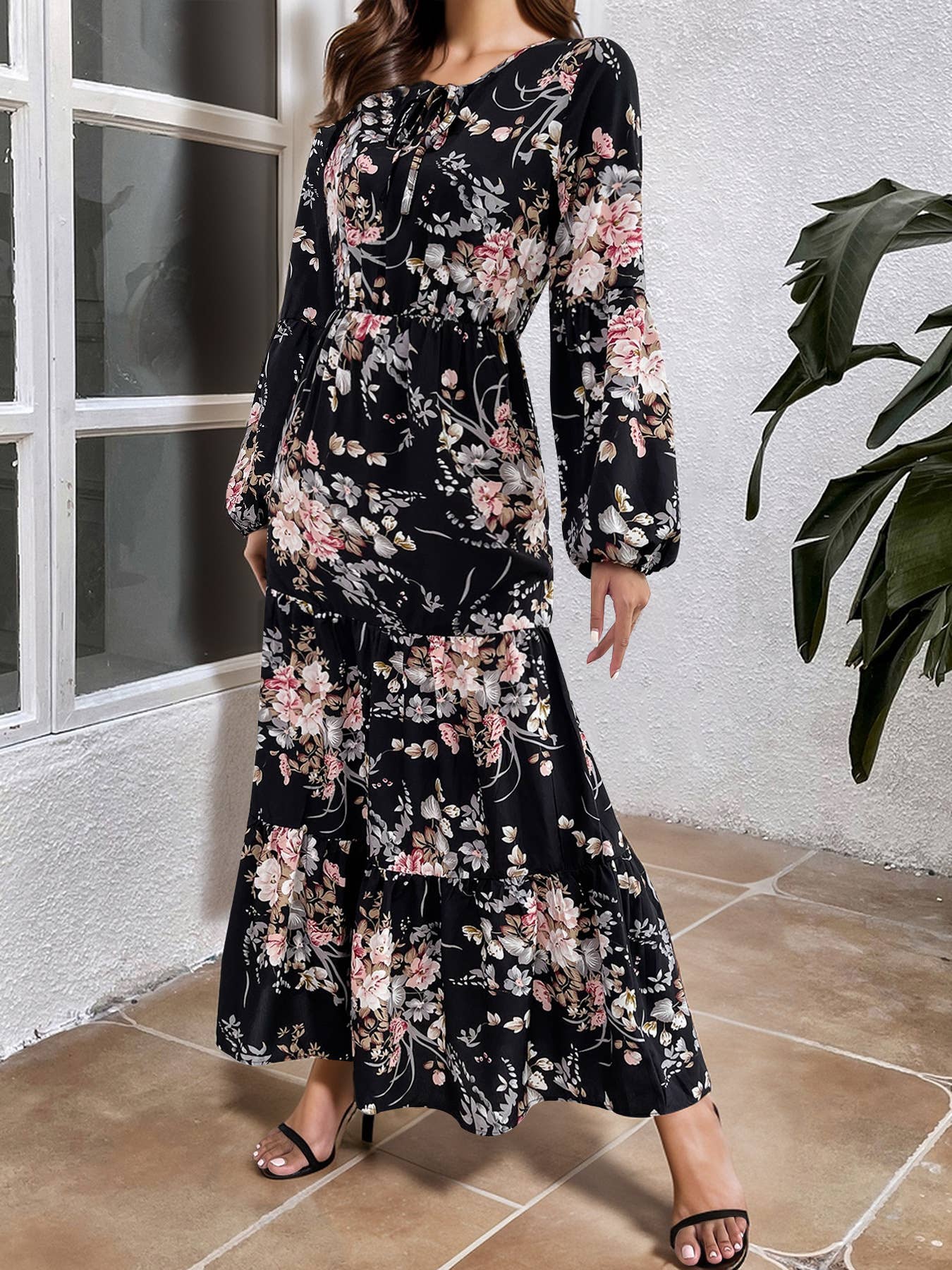 FLORAL PRINT BIG SWING FASHION SLIM LONG DRESS