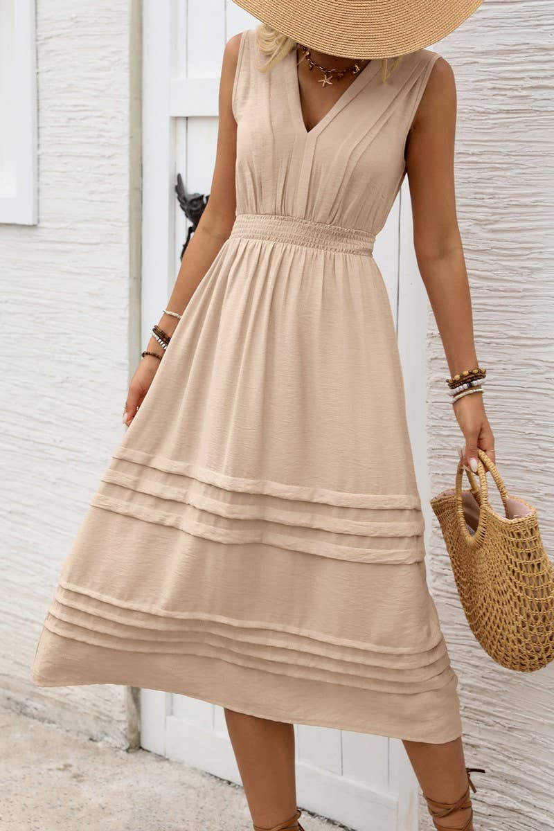 CWDMD4982_SOLID COLOR V-NECK SLEEVELESS DRESS