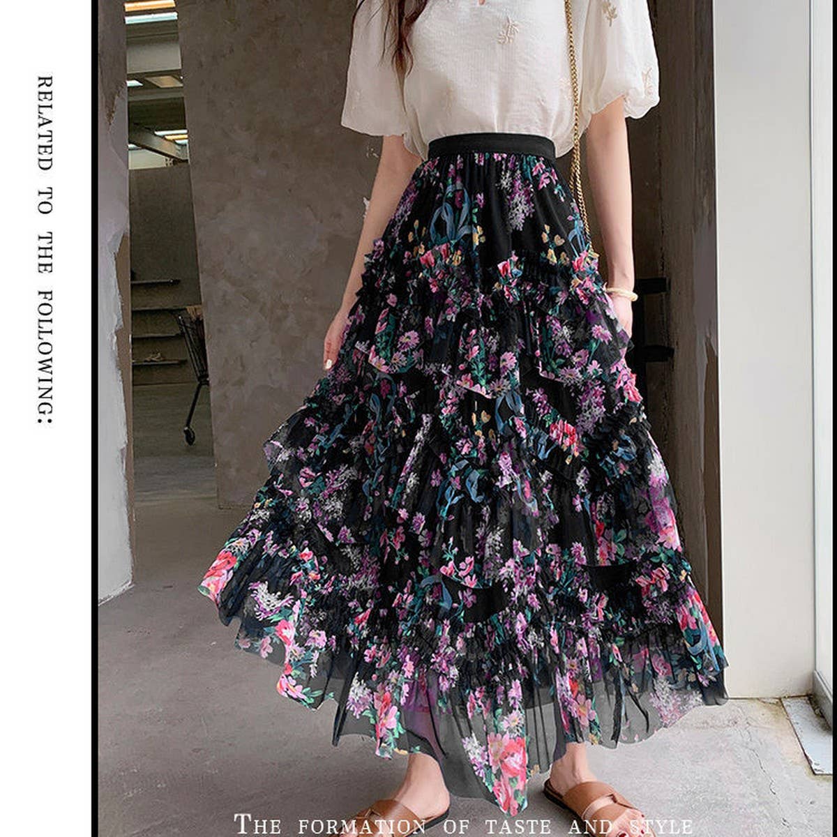 COLORFUL FLORAL MESH PRINT PLEATED TULLE SKIRT
