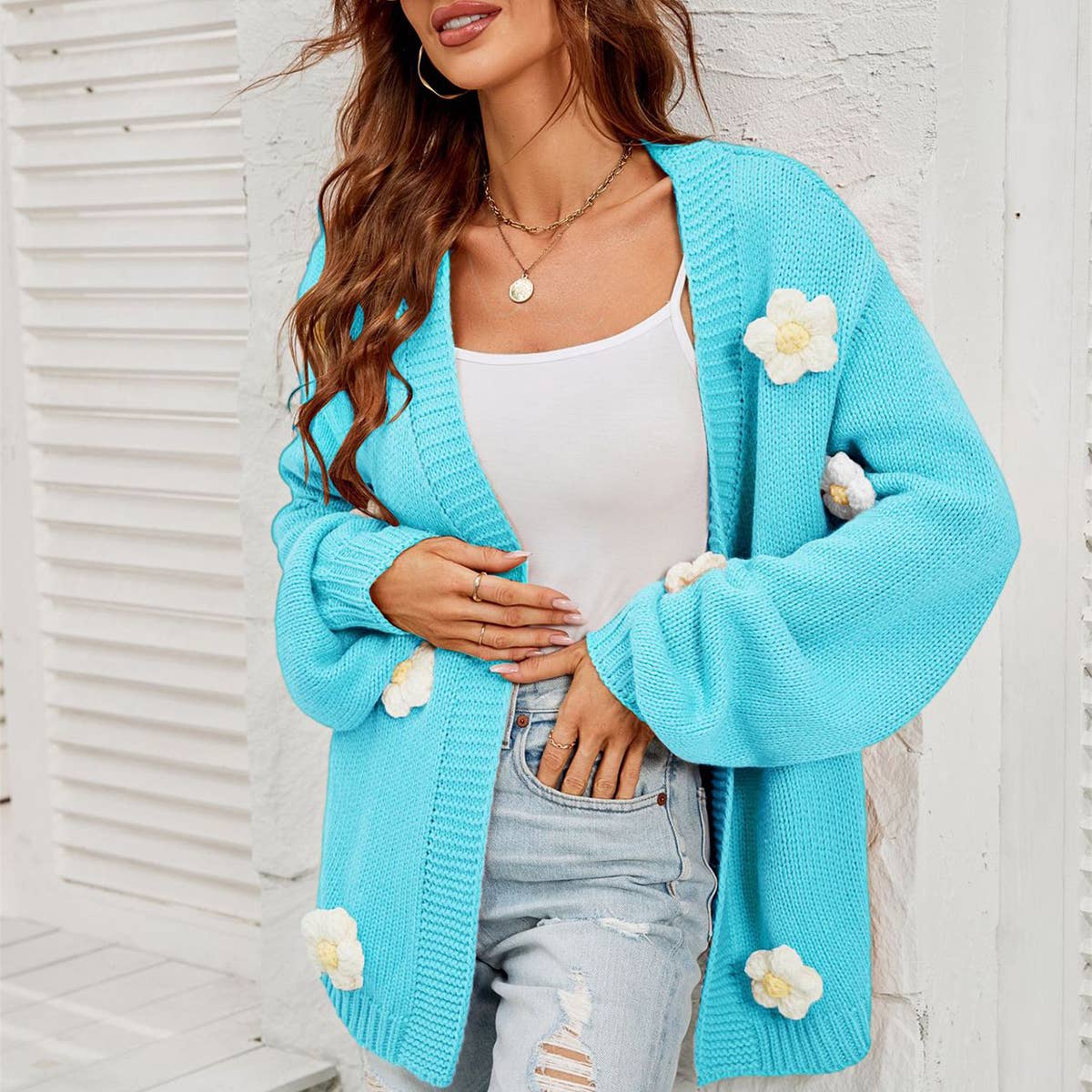 Flower cardigan lantern sleeve sweater coat