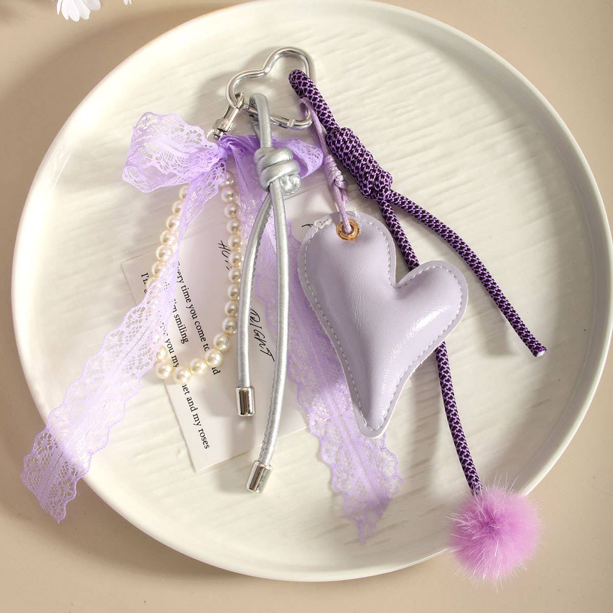 Elegant Purple Heart Bow Pearl Keychain