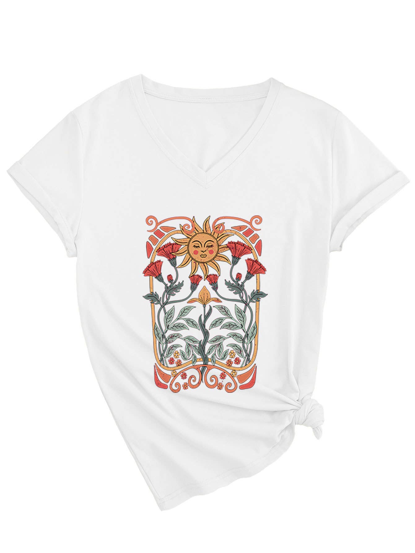 Floral sun print V-neck short-sleeved T-shirt