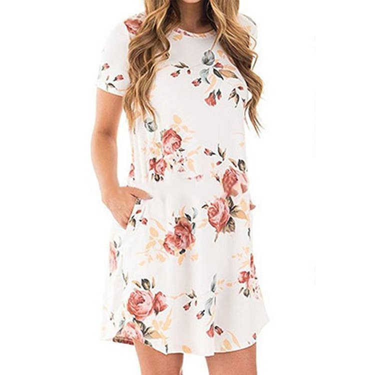 FLORAL PRINT BASIC CREW NECK PULLOVER DRESS