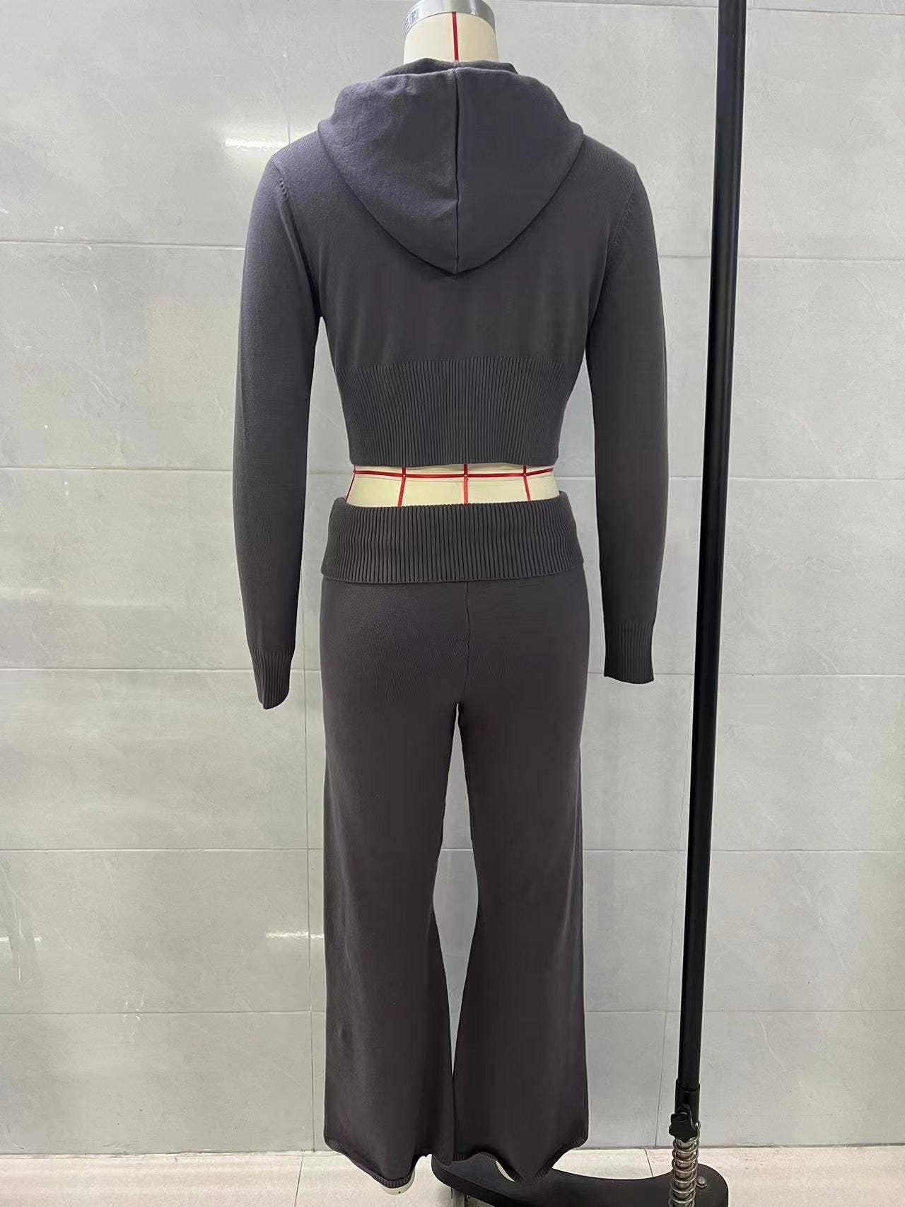 Zipper hooded top,low-waisted flared pants set
