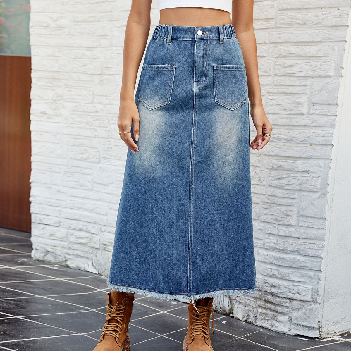 Women?™s Washed Denim Midi Skirt with Raw Hem_CWJSK0199