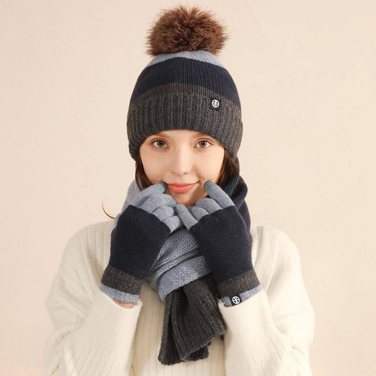 WINTER KNITTED CONTRAST POM POM THREE PIECE SUIT