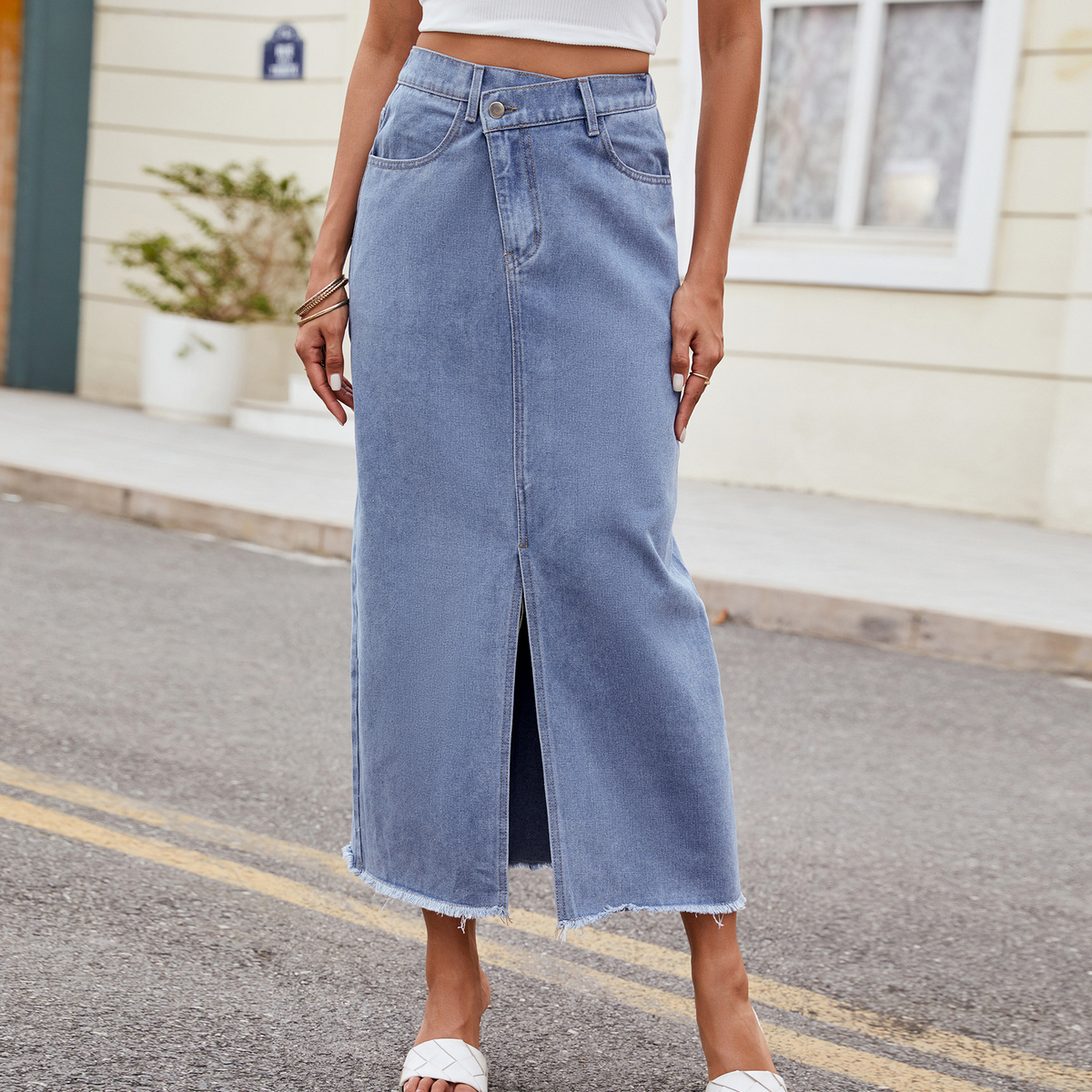 Women?™s Washed Denim Maxi Skirt Asymmetrical_CWJSK0205