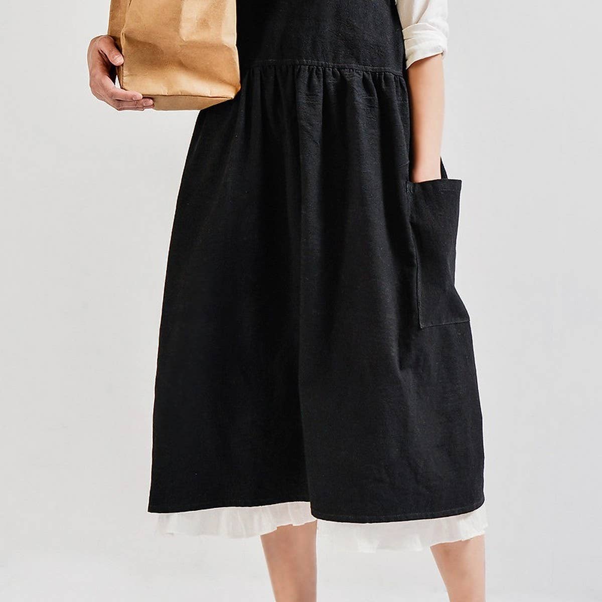 Solid color art cotton linen Aprons with pockets_CWMM3293