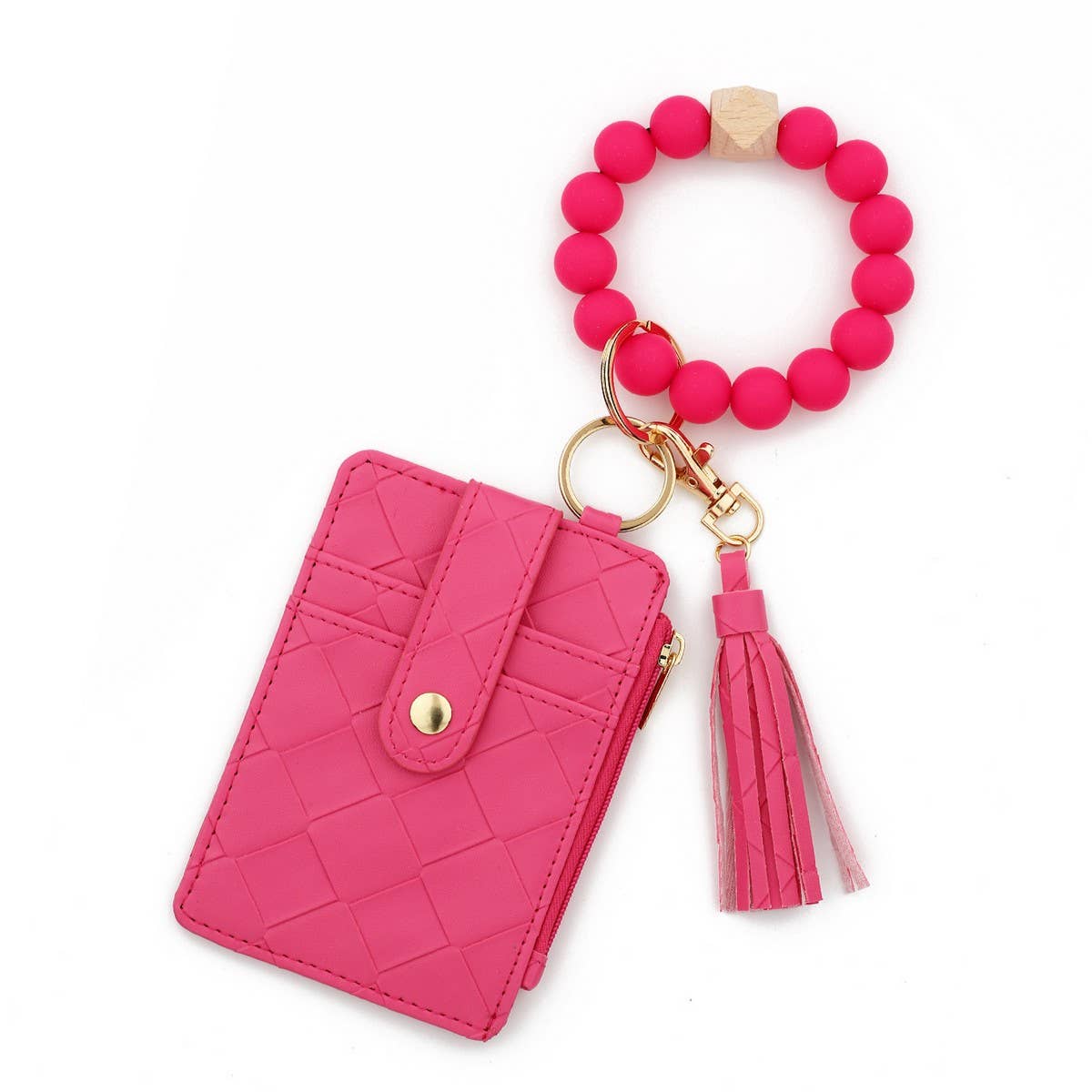 Plaid PU Card Wallet with Silicone Bead Keychain_CWAB4970
