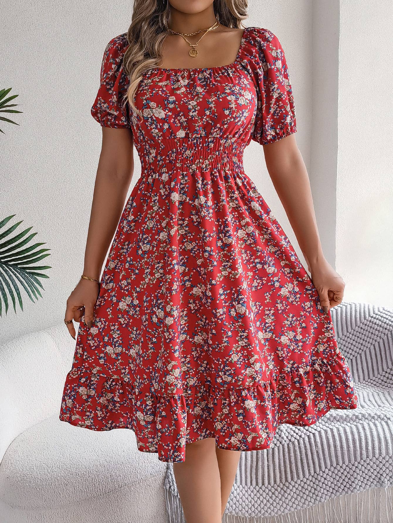 Floral square collar tucked waist peplum dress