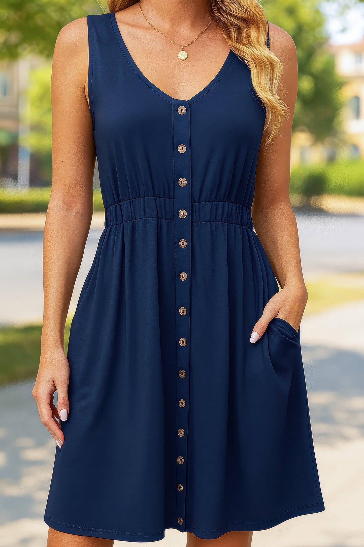 SLEEVELESS BUTTON POCKET SLIM WAIST DRESS