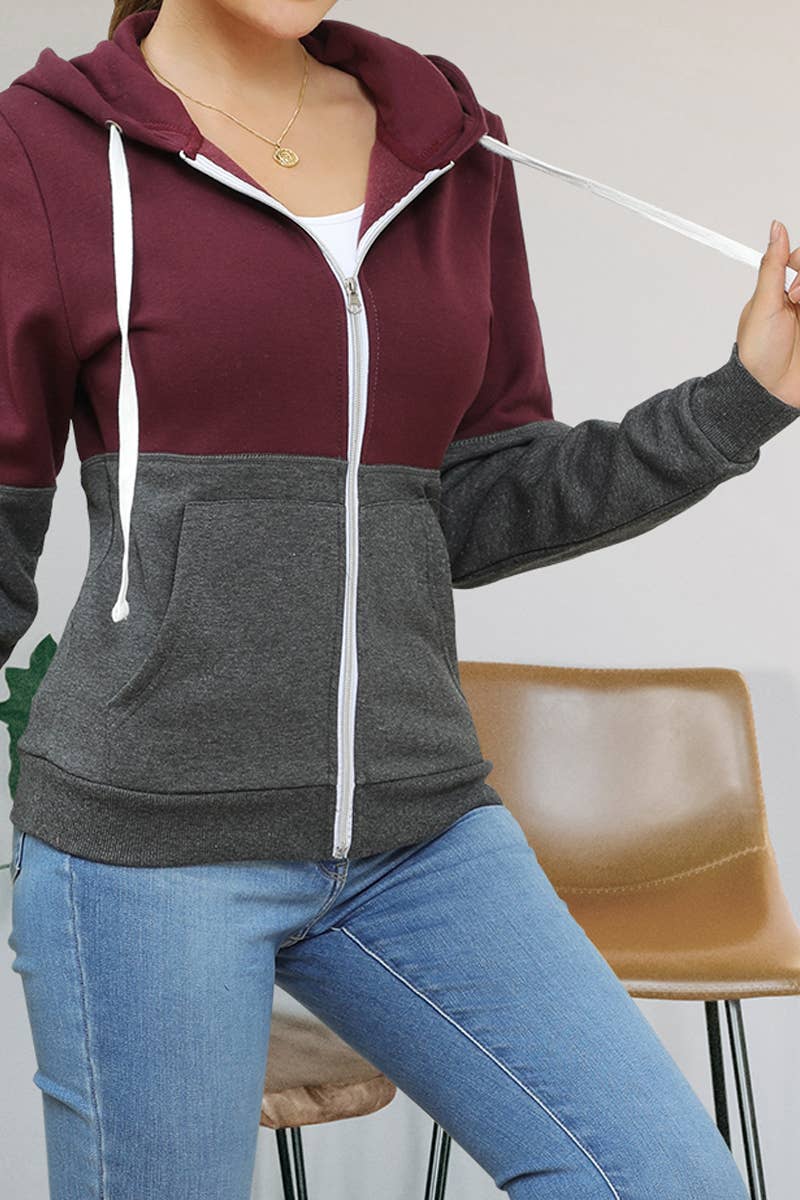 CWOHOL215_2 COLOR BLOCK ZIP-UP 2 SIDE POCKETS HOODED