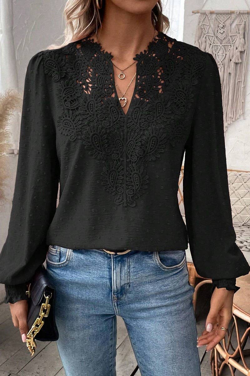 CWTTL2006_V-NECK LACE SOLID COLOR LONG-SLEEVED CASUAL TOP