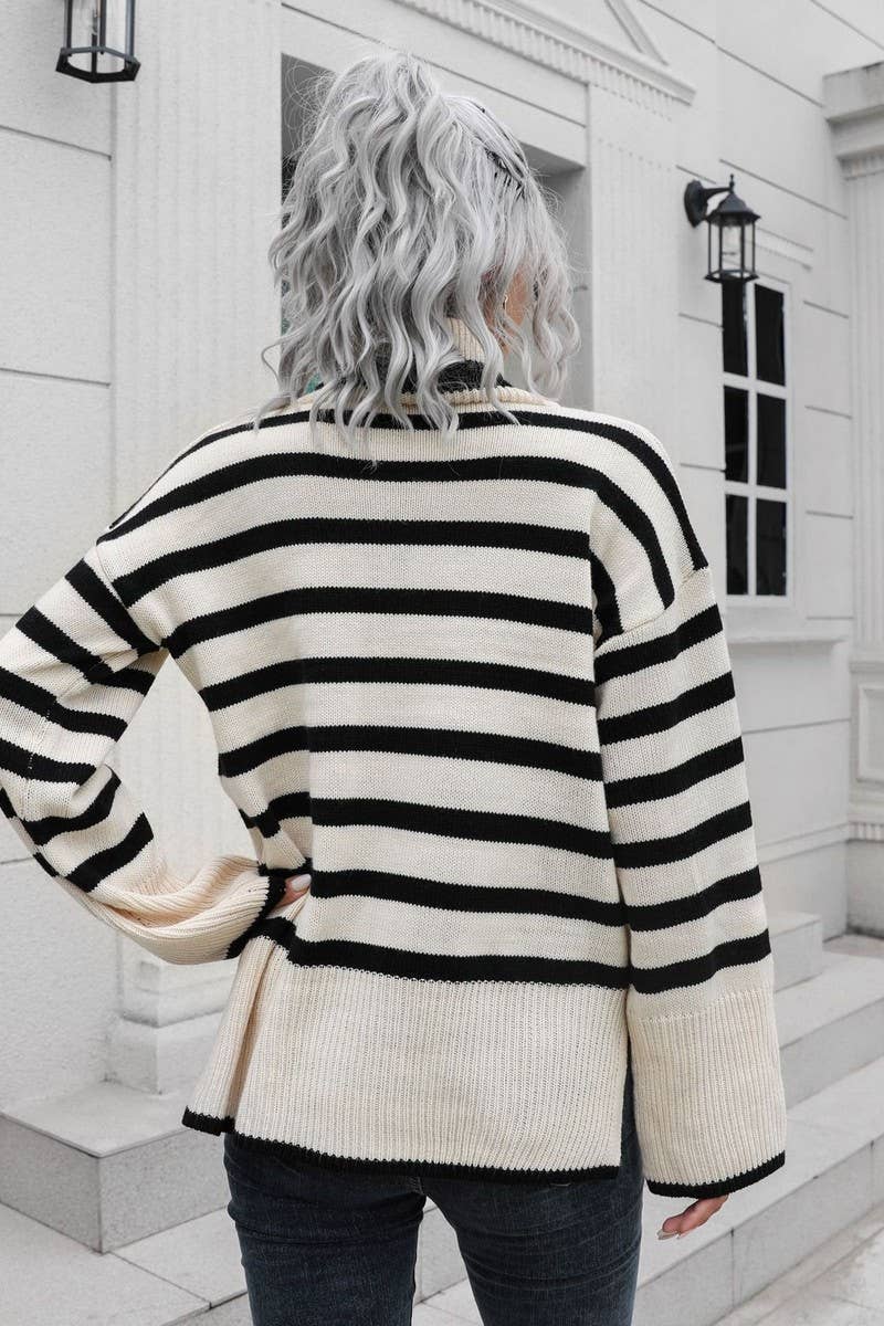 CWOSWL4082_STRIPED SIDE SLIT HIGH COLLAR MID-LENGTH SWEATER